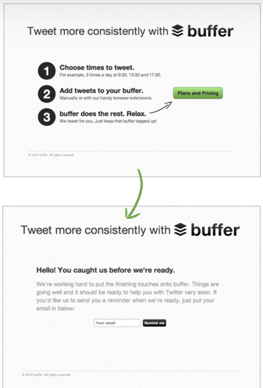 Buffer's landing page verifying a new tweet feature idea. 