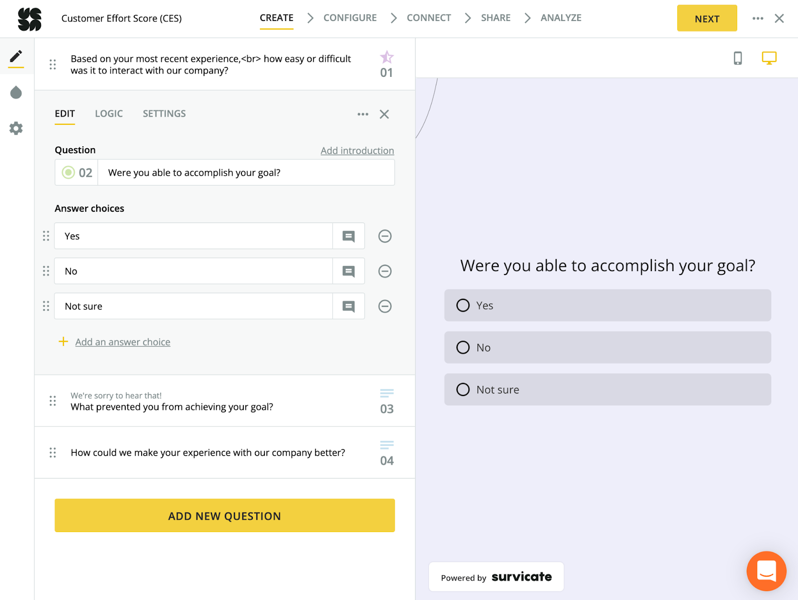 Build surveys with Survicate by adding or removing questions, choosing a mode of answering, and modifying the appearance with fonts, colors, and backgrounds.