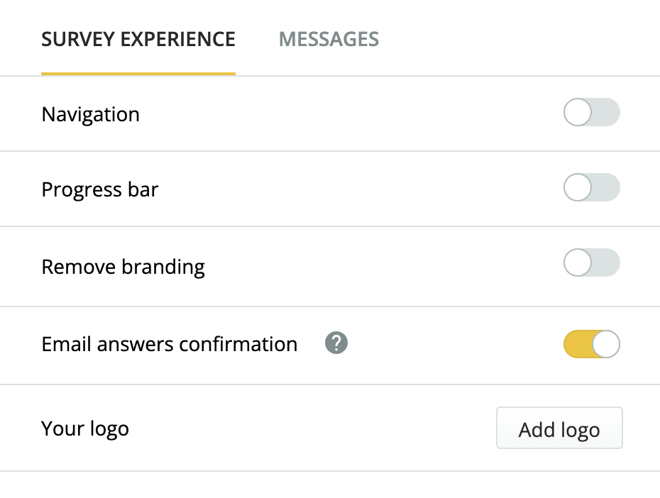 You can add or tweak navigation, the progress bar, branding, logos, and email answers confirmation.