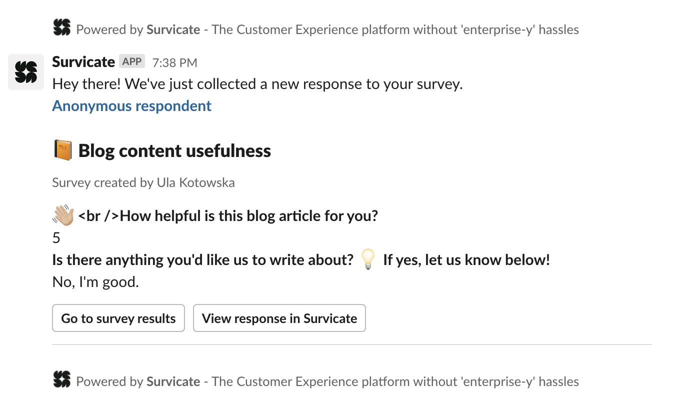 Survicate and Slack integration survey response notifications