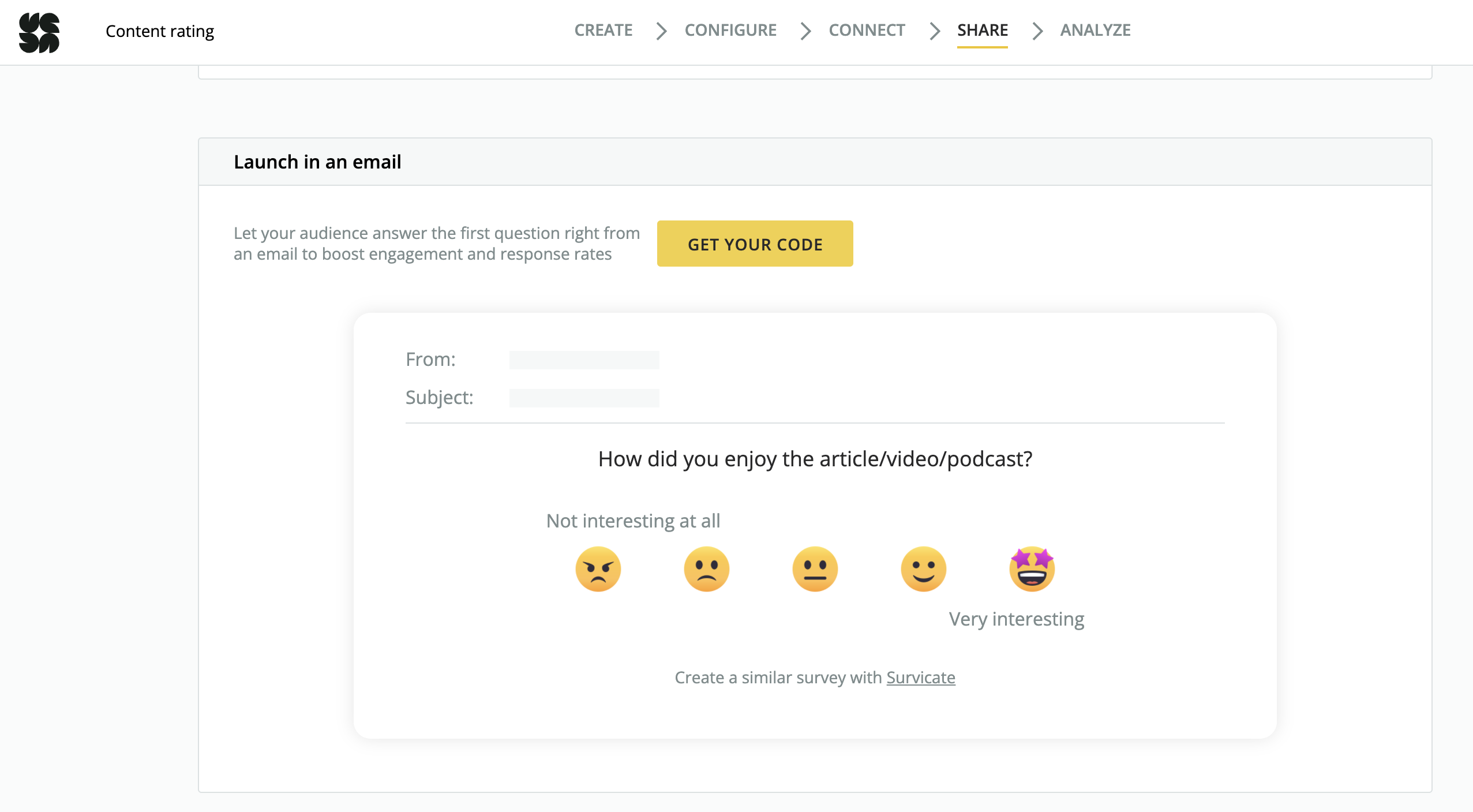 Survicate's content rating survey sent by email
